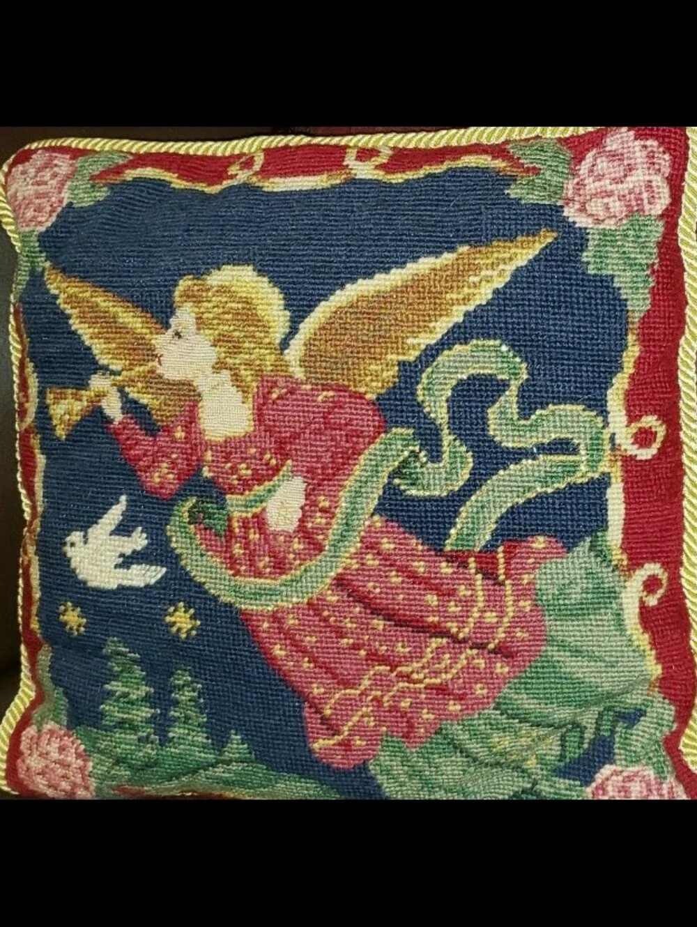 Vintage Christmas Angel Wool Needlepoint Pillow